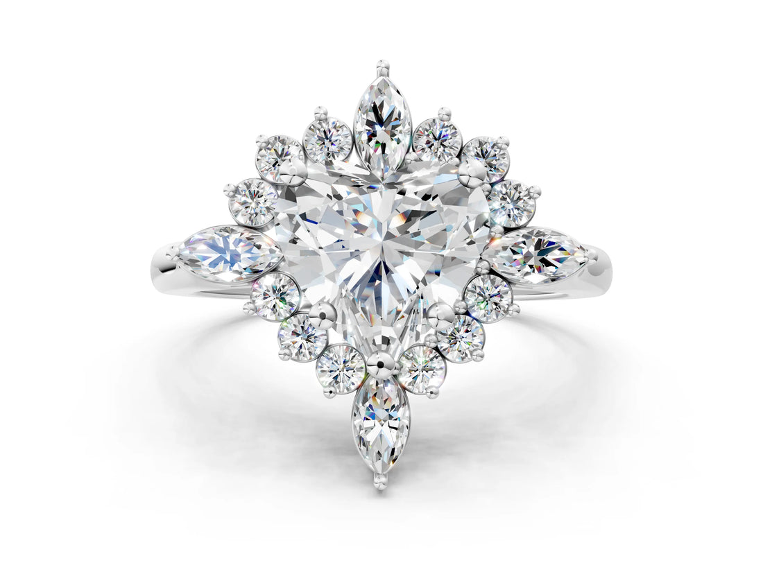 Silver Heart Cut Halo Diamond Cluster Ring with Marquise and Round Stones on a White Gold Band with Prong Setting_25