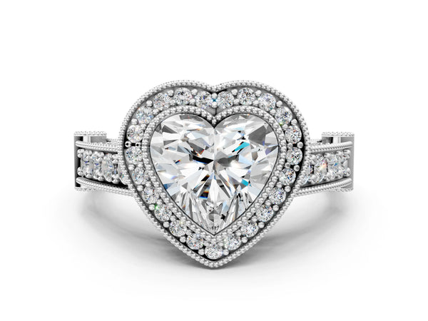 Sterling Silver Heart-Shaped Vintage Bezel Halo Engagement Ring Setting