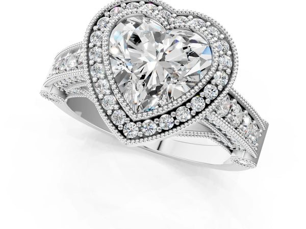 Sterling Silver Heart-Shaped Vintage Bezel Halo Engagement Ring Setting