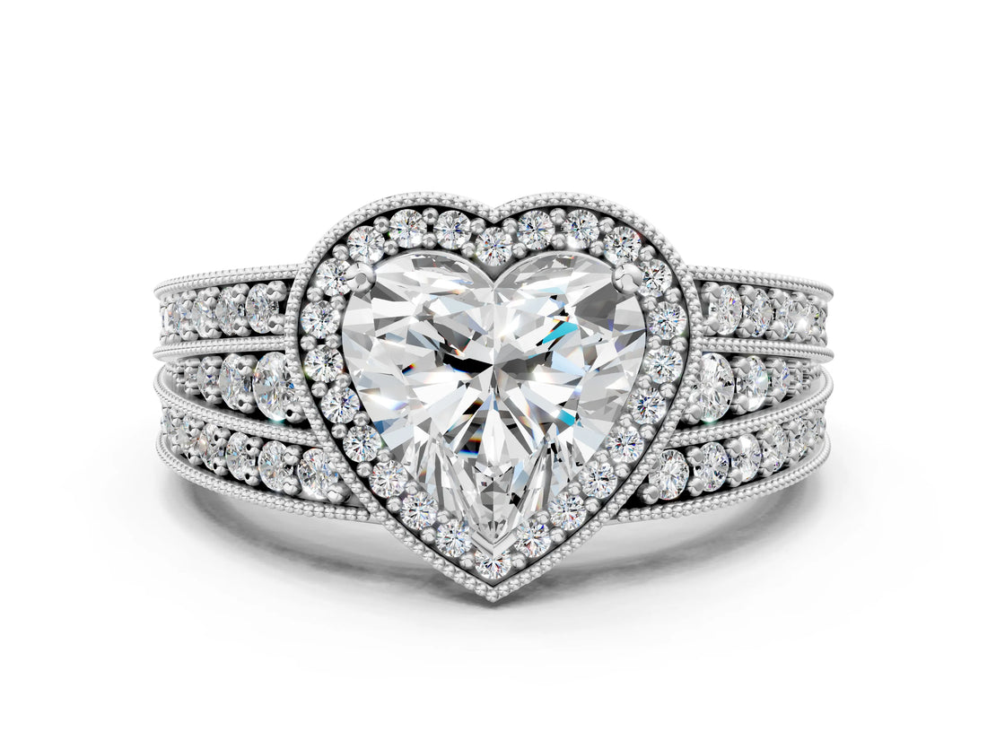 Silver Heart Cut Halo Diamond Split Shank Ring with Prong Setting_19