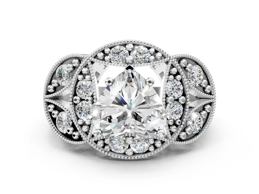 Silver Heart Cut Halo Milgrain Diamond Engagement Ring with Leaf Band and Four-Prong Setting_7