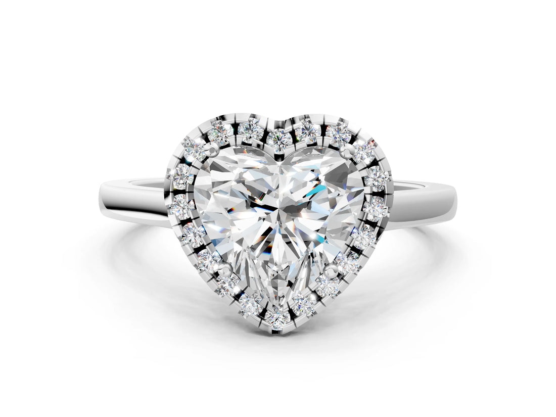 Silver Heart Cut Halo Round Diamond Solitaire Ring with Pavé Band and Four-Prong Setting_12