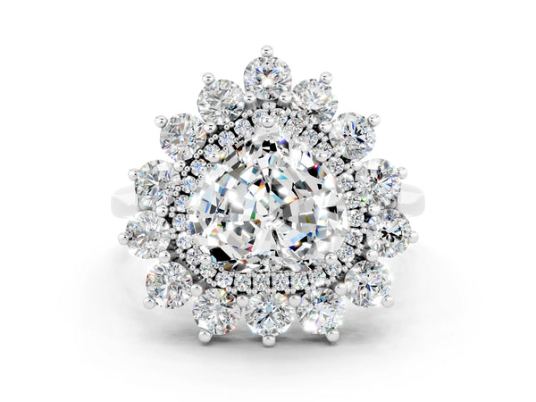 Silver Heart Cut Moissanite Floral Double Halo Engagement Ring with Prong Setting