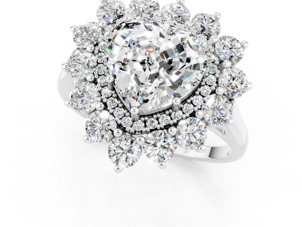 Silver Heart Cut Moissanite Floral Double Halo Engagement Ring with Prong Setting