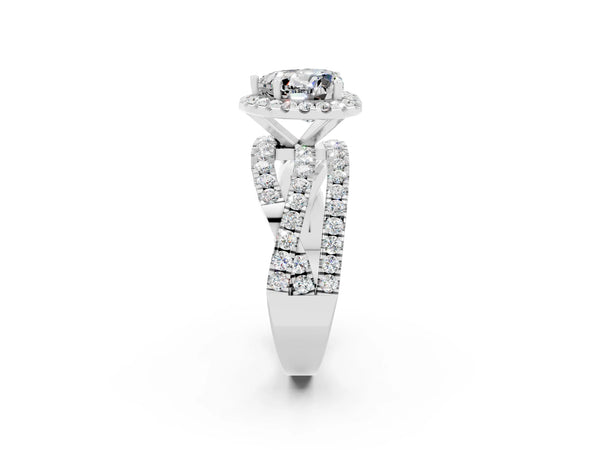 Silver Heart Cut Moissanite Halo Ring with Round Split Shank and Prong Setting