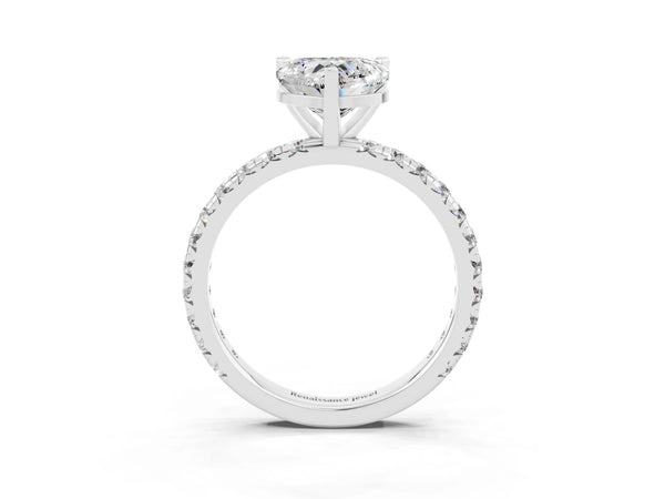 Silver Heart Cut Moissanite Pavé Solitaire Ring with Round Band and Prong Setting
