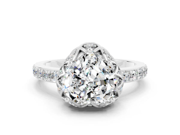 Silver Heart Cut Moissanite Scalloped Halo Engagement Ring with Round Shared Prong Band