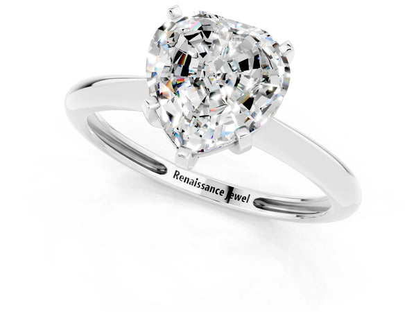 Silver Heart Cut Moissanite Solitaire Engagement Ring with Classic Band and Four-Prong Setting
