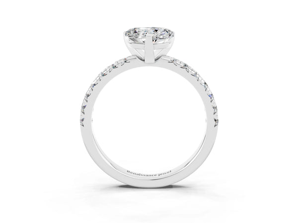 Silver Heart Cut Moissanite Solitaire Pavé Engagement Ring with Round Band and Prong Setting