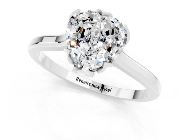 Silver Heart Cut Moissanite Solitaire Ring with Flower Prong Setting and Classic Band