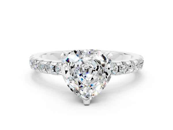 Silver Heart Cut Moissanite Solitaire Ring with Round Pavé Band and Four-Prong Setting