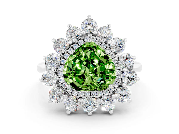 Silver Heart Cut Peridot Floral Double Halo Engagement Ring with Prong Setting