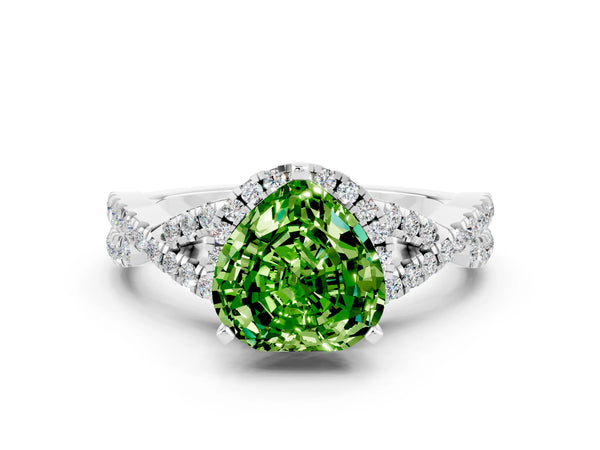 Silver Heart Cut Peridot  Halo Twist Band Solitaire Prong Setting Ring