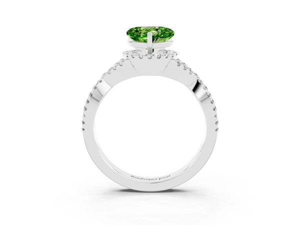 Silver Heart Cut Peridot  Halo Twist Band Solitaire Prong Setting Ring