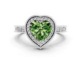 Silver Heart Cut Peridot Milgrain Halo Engagement Ring with Round Pavé Band and Prong Setting_12