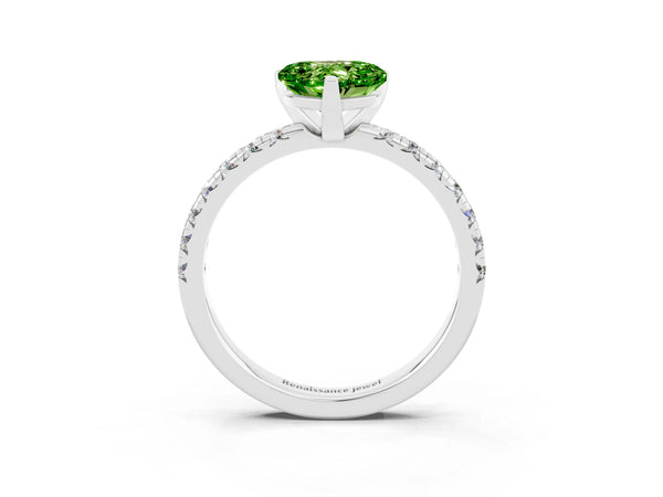 Silver Heart Cut Peridot Solitaire Pavé Engagement Ring with Round Band and Prong Setting