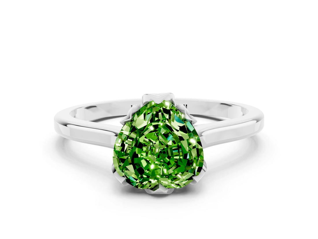 Silver Heart Cut Peridot Solitaire Ring with Flower Prong Setting and Classic Band_6