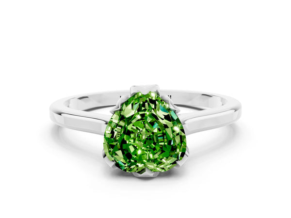 Silver Heart Cut Peridot Solitaire Ring with Flower Prong Setting and Classic Band