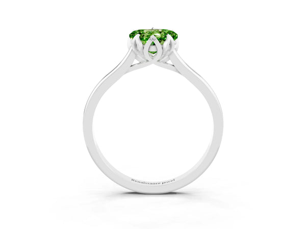 Silver Heart Cut Peridot Solitaire Ring with Flower Prong Setting and Classic Band