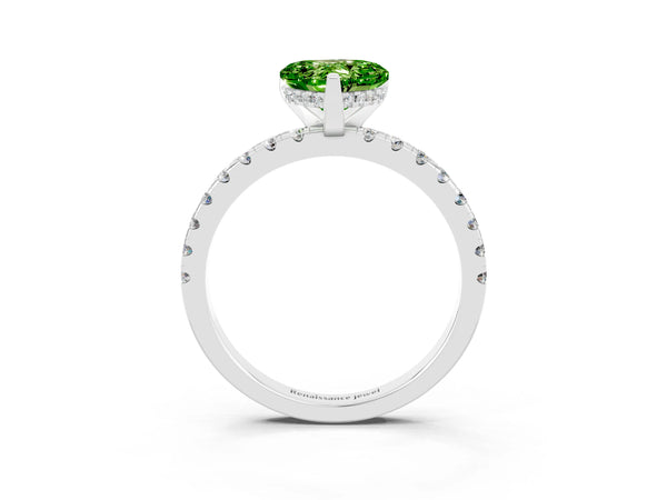 Silver Heart Cut Peridot Solitaire Ring with Round Pavé Band and Four-Prong Setting