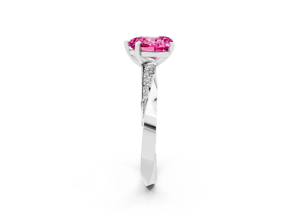 Silver Heart Cut Pink Sapphire Engagement Ring with Side Stone Accents and Four-Prong Setting