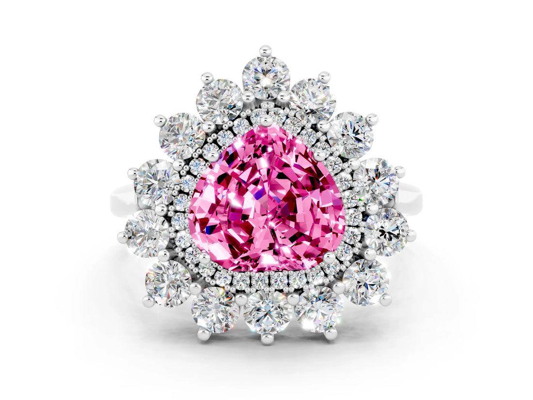 Silver Heart Cut Pink Sapphire Floral Double Halo Engagement Ring with Prong Setting_162