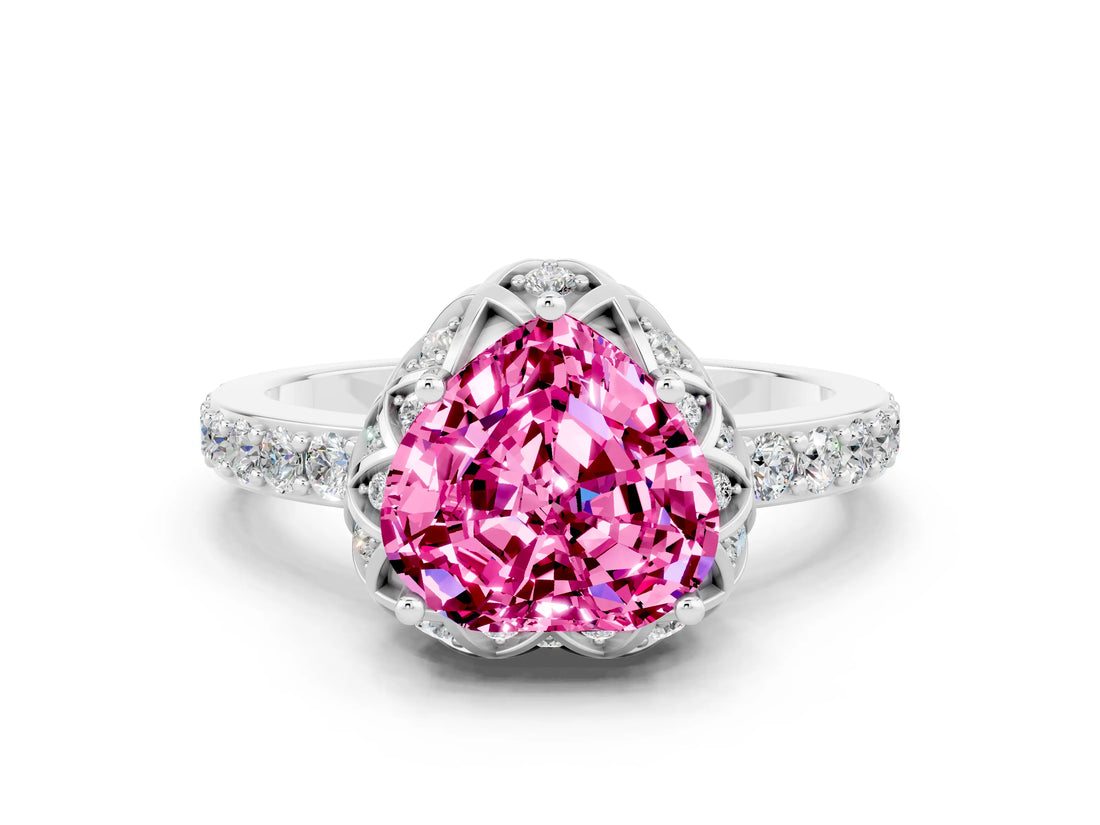 Silver Heart Cut Pink Sapphire Scalloped Halo Engagement Ring with Round Shared Prong Band_30