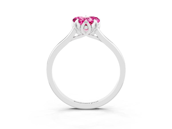 Silver Heart Cut Pink Sapphire Solitaire Ring with Flower Prong Setting and Classic Band