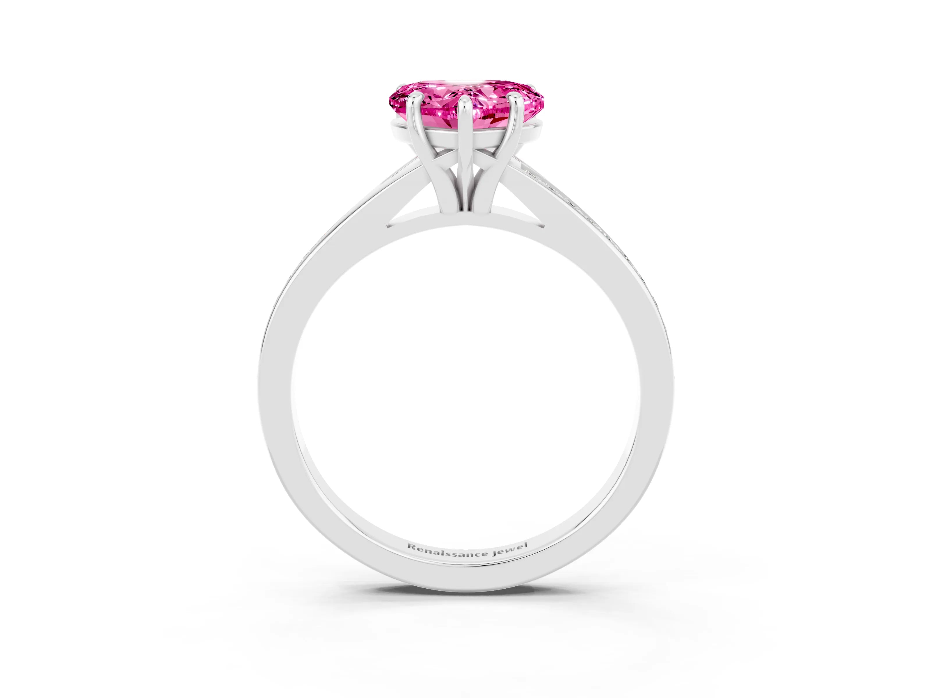 Silver Heart Cut Pink Sapphire Solitaire Ring with Pavé Band and Prong Setting_15