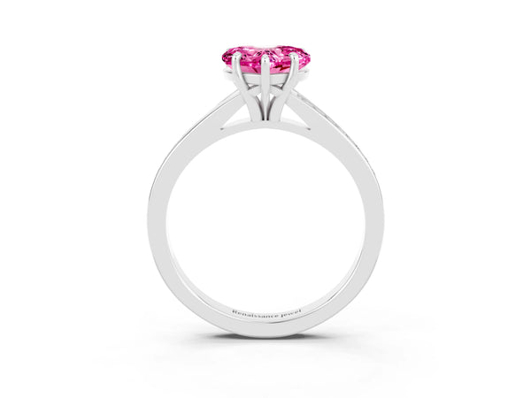 Silver Heart Cut Pink Sapphire Solitaire Ring with Pavé Band and Prong Setting