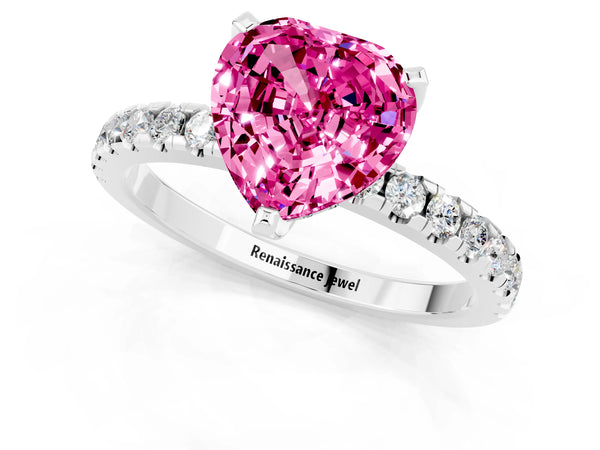 Silver Heart Cut Pink Sapphire Solitaire Ring with Round Pavé Band and Four-Prong Setting