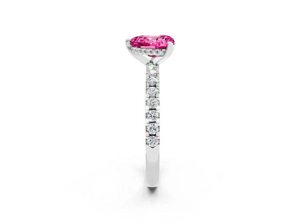 Silver Heart Cut Pink Sapphire Solitaire Ring with Round Pavé Band and Four-Prong Setting