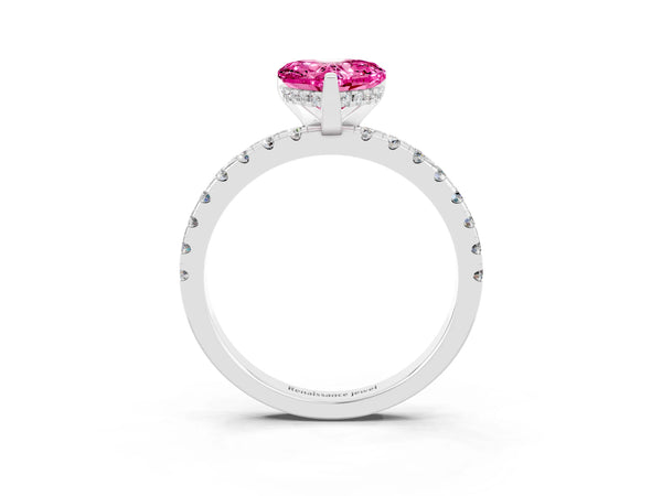 Silver Heart Cut Pink Sapphire Solitaire Ring with Round Pavé Band and Four-Prong Setting