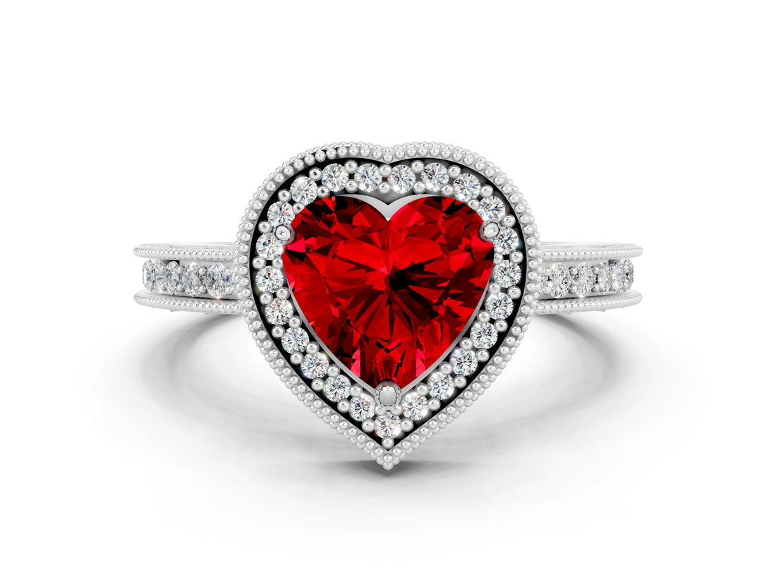 Silver Heart Cut Ruby Milgrain Halo Engagement Ring with Round Pavé Band and Prong Setting_12