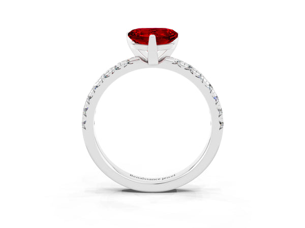 Silver Heart Cut Ruby Solitaire Pavé Engagement Ring with Round Band and Prong Setting