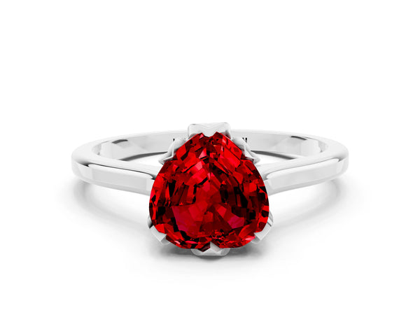 Silver Heart Cut Ruby Solitaire Ring with Flower Prong Setting and Classic Band