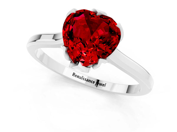 Silver Heart Cut Ruby Solitaire Ring with Flower Prong Setting and Classic Band