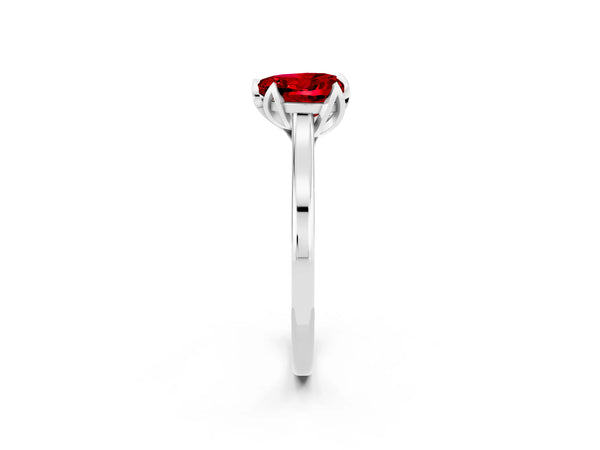 Silver Heart Cut Ruby Solitaire Ring with Flower Prong Setting and Classic Band