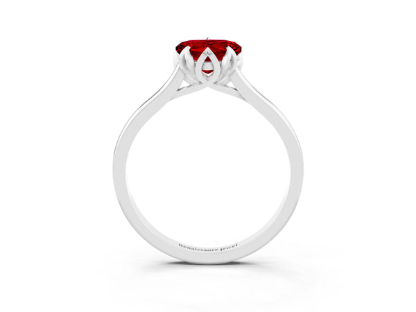 Silver Heart Cut Ruby Solitaire Ring with Flower Prong Setting and Classic Band