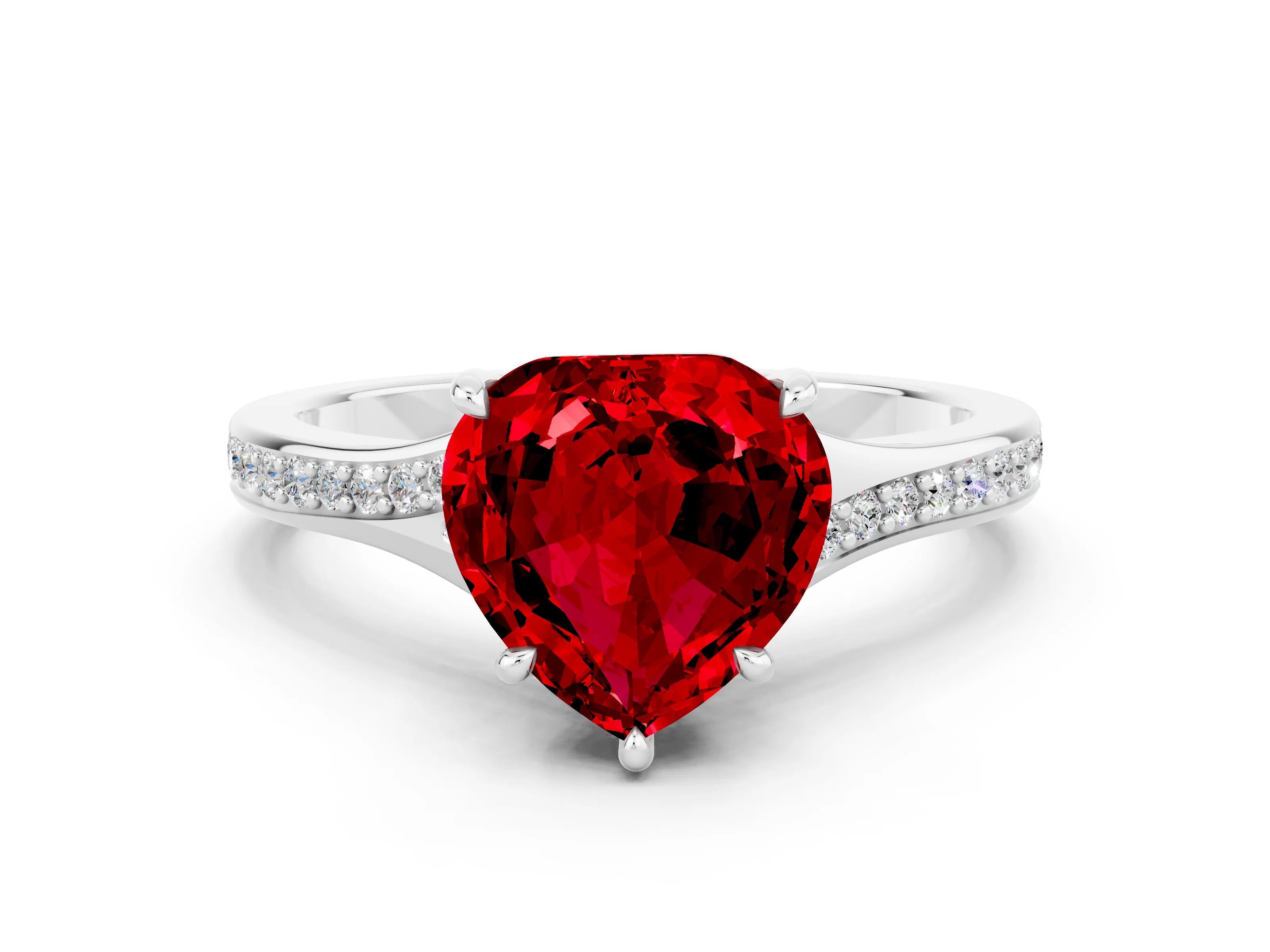 Silver Heart Cut Ruby Solitaire Ring with Pavé Band and Prong Setting_12