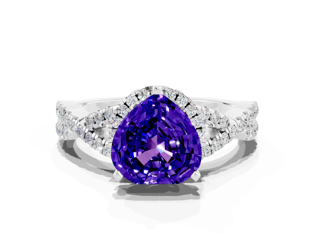 Silver Heart Cut Tanzanite  Halo Twist Band Solitaire Prong Setting Ring_12