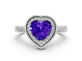 Silver Heart Cut Tanzanite Milgrain Halo Engagement Ring with Round Pavé Band and Prong Setting_12