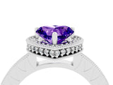 Silver Heart Cut Tanzanite Milgrain Halo Engagement Ring with Round Pavé Band and Prong Setting_16
