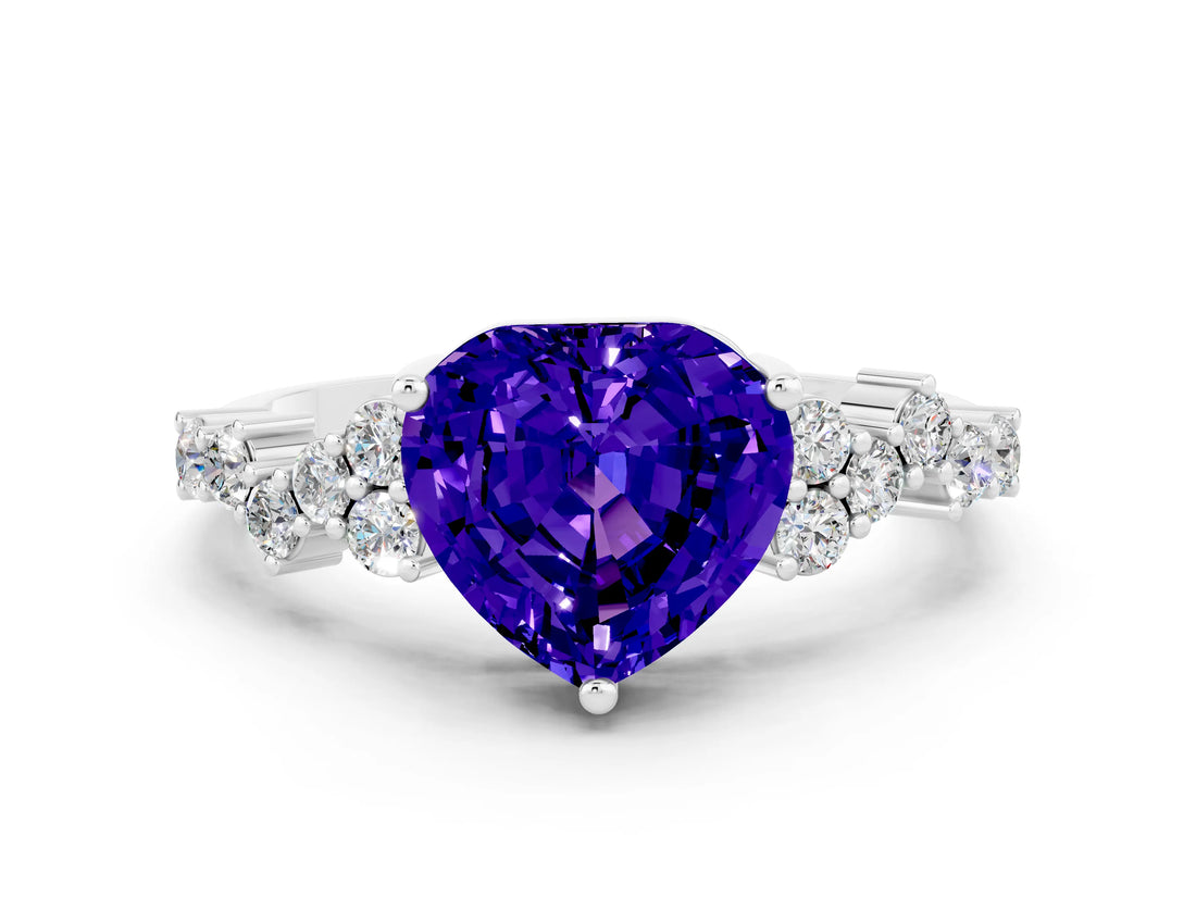 Silver Heart Cut Tanzanite Scattered Round Accent Ring with Prong Setting_78