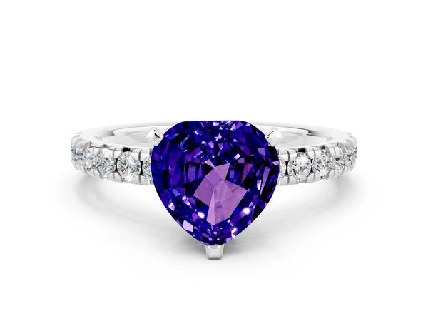 Silver Heart Cut Tanzanite Solitaire Pavé Engagement Ring with Round Band and Prong Setting