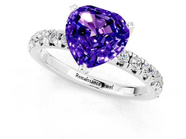 Silver Heart Cut Tanzanite Solitaire Pavé Engagement Ring with Round Band and Prong Setting