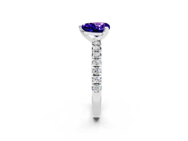 Silver Heart Cut Tanzanite Solitaire Pavé Engagement Ring with Round Band and Prong Setting