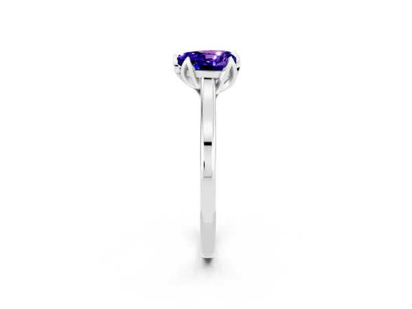 Silver Heart Cut Tanzanite Solitaire Ring with Flower Prong Setting and Classic Band