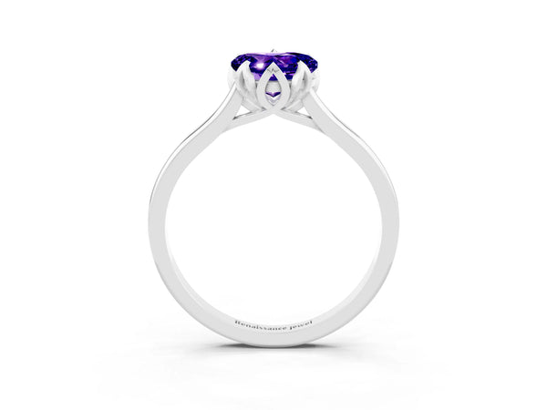 Silver Heart Cut Tanzanite Solitaire Ring with Flower Prong Setting and Classic Band