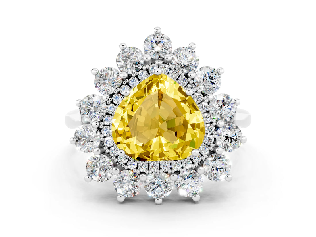 Silver Heart Cut Yellow Sapphire Floral Double Halo Engagement Ring with Prong Setting_138
